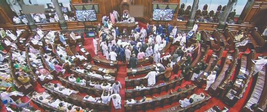 MPs tear papers, jostle with security staff in Rajya Sabha