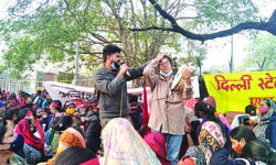 Hundreds of anganwadi workers launch protest   to seek fair wages, benefits, govt employee tag