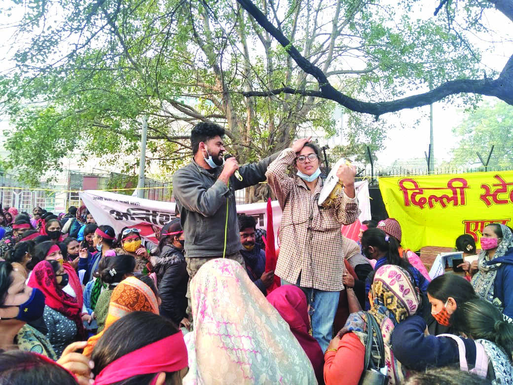 Hundreds of anganwadi workers launch protest   to seek fair wages, benefits, govt employee tag