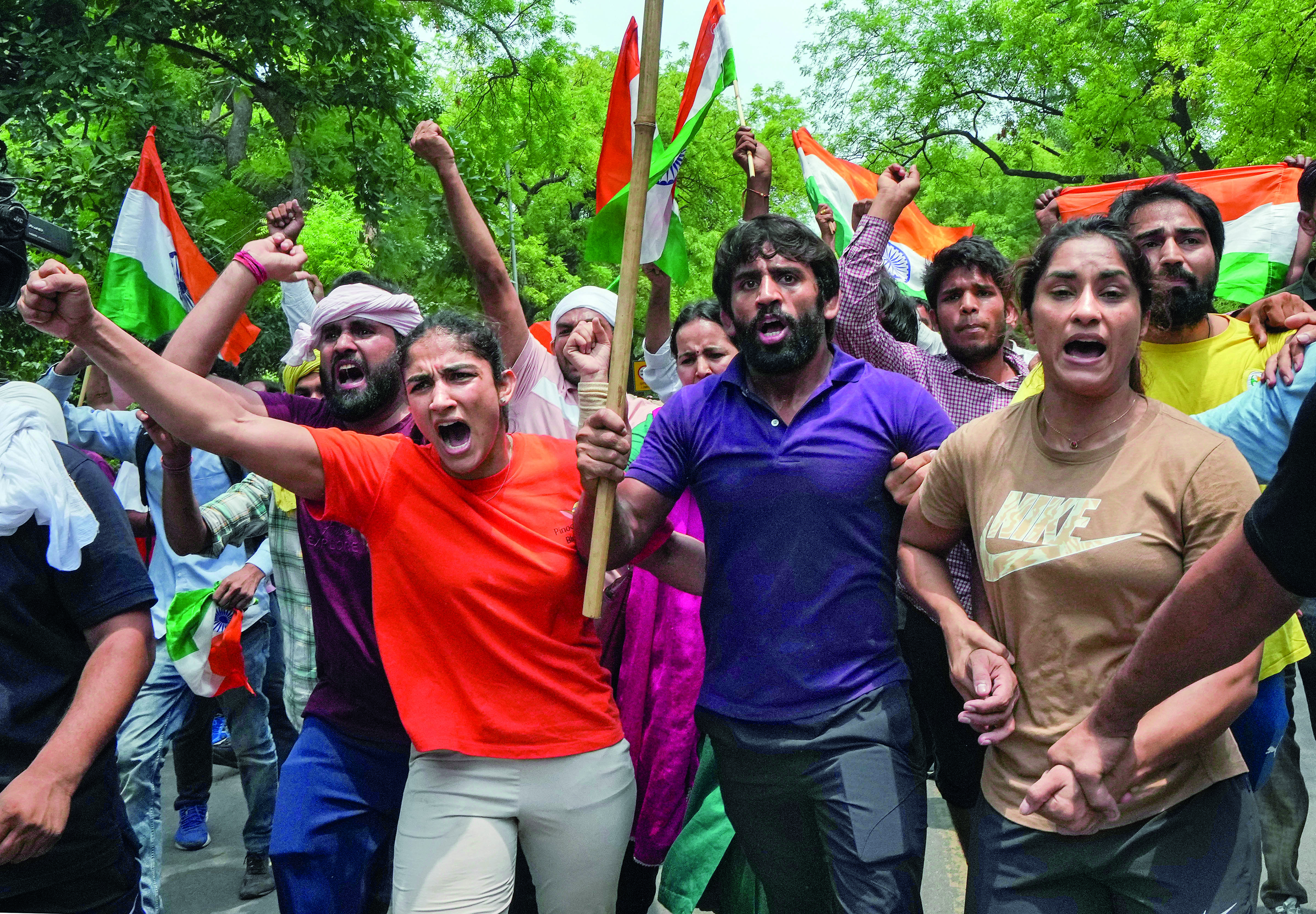 Protesting wrestlers detained after scuffle