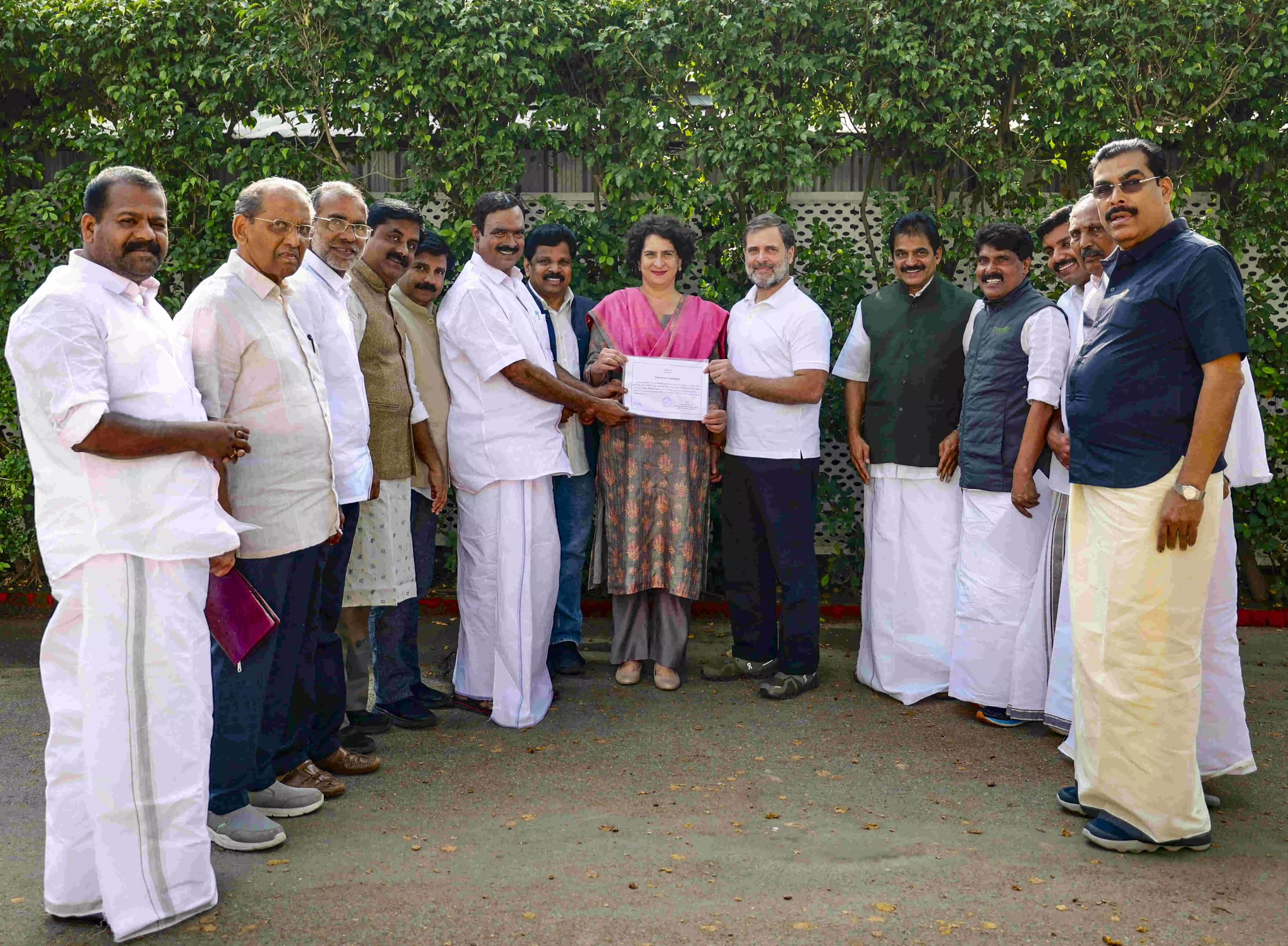 Wayanad Cong leaders hand over election certificate to Priyanka; likely to take oath as MP Thursday Wayanad Cong leaders hand over election certificate to Priyanka; likely to take oath as MP Thursday