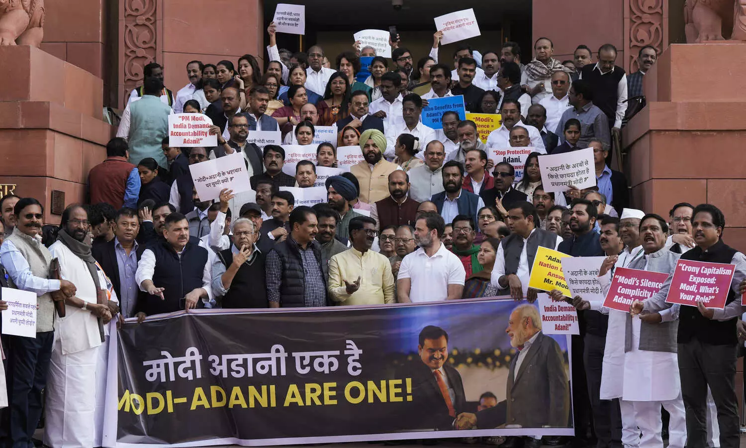 INDIA bloc MPs hold protest over Adani issue on Parliament premises