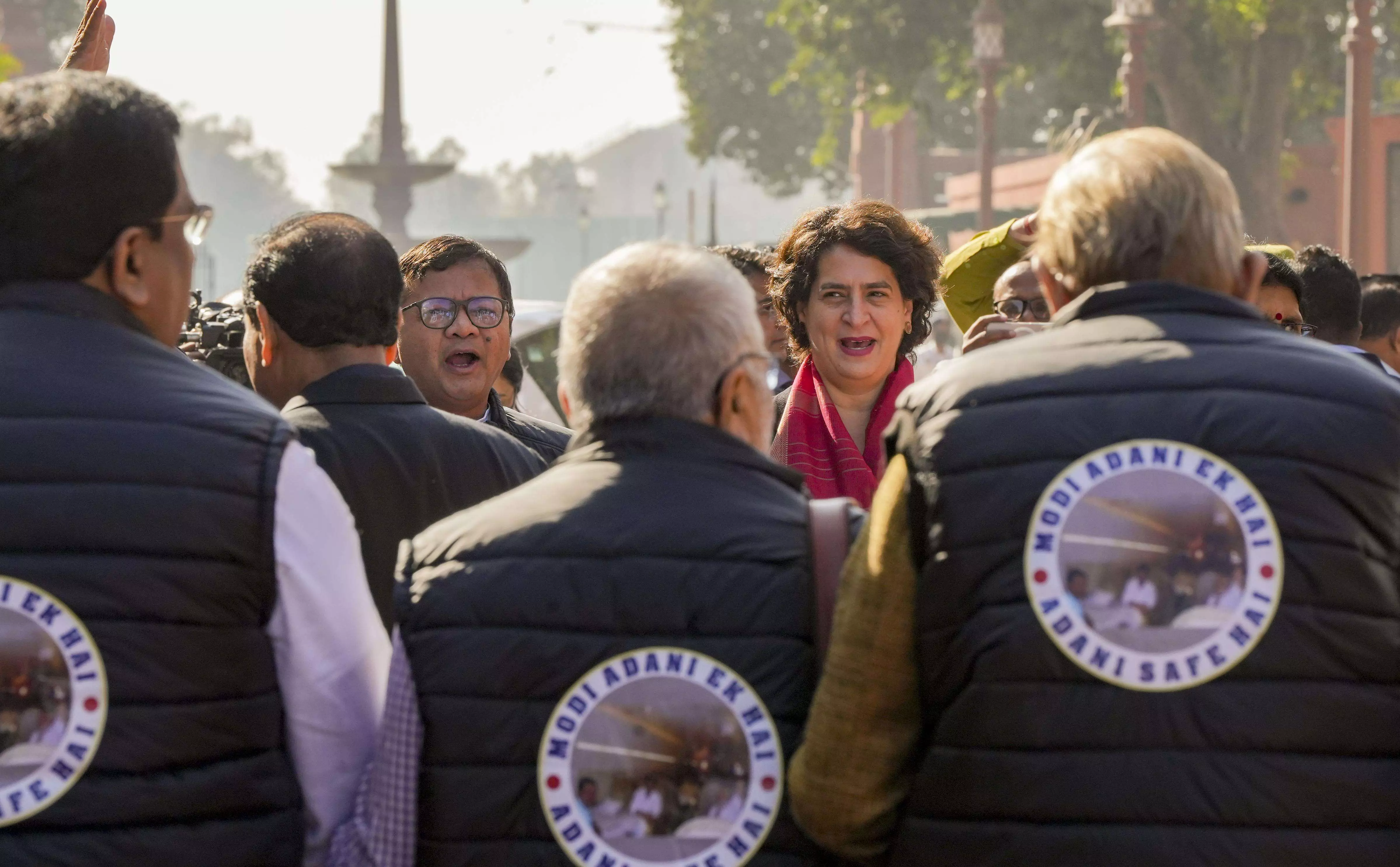 INDIA bloc MPs protest over Adani issue in Parliament, wear jackets reading Modi Adani Ek Hai INDIA bloc MPs protest over Adani issue in Parliament, wear jackets reading Modi Adani Ek Hai