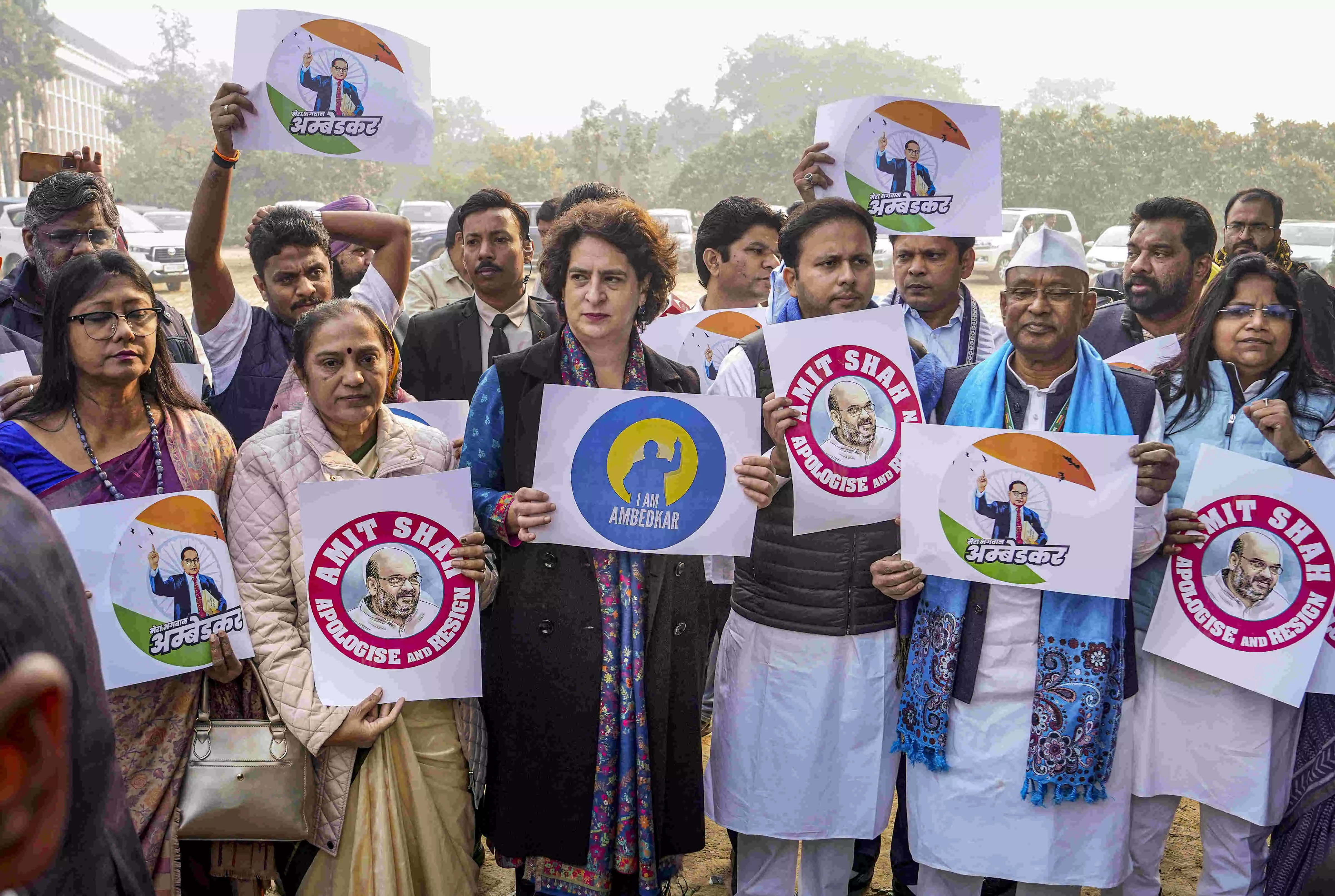 Opposition MPs hold protest against Amit Shah at Vijay Chowk over Ambedkar row Opposition MPs hold protest against Amit Shah at Vijay Chowk over Ambedkar row