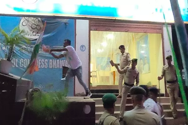 TMC accuses BJP of state-sponsored terror after Tripura party office vandalism