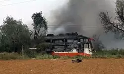 Two killed as bus catches fire after coming in contact with power line in Rajasthan Two killed as bus catches fire after coming in contact with power line in Rajasthan