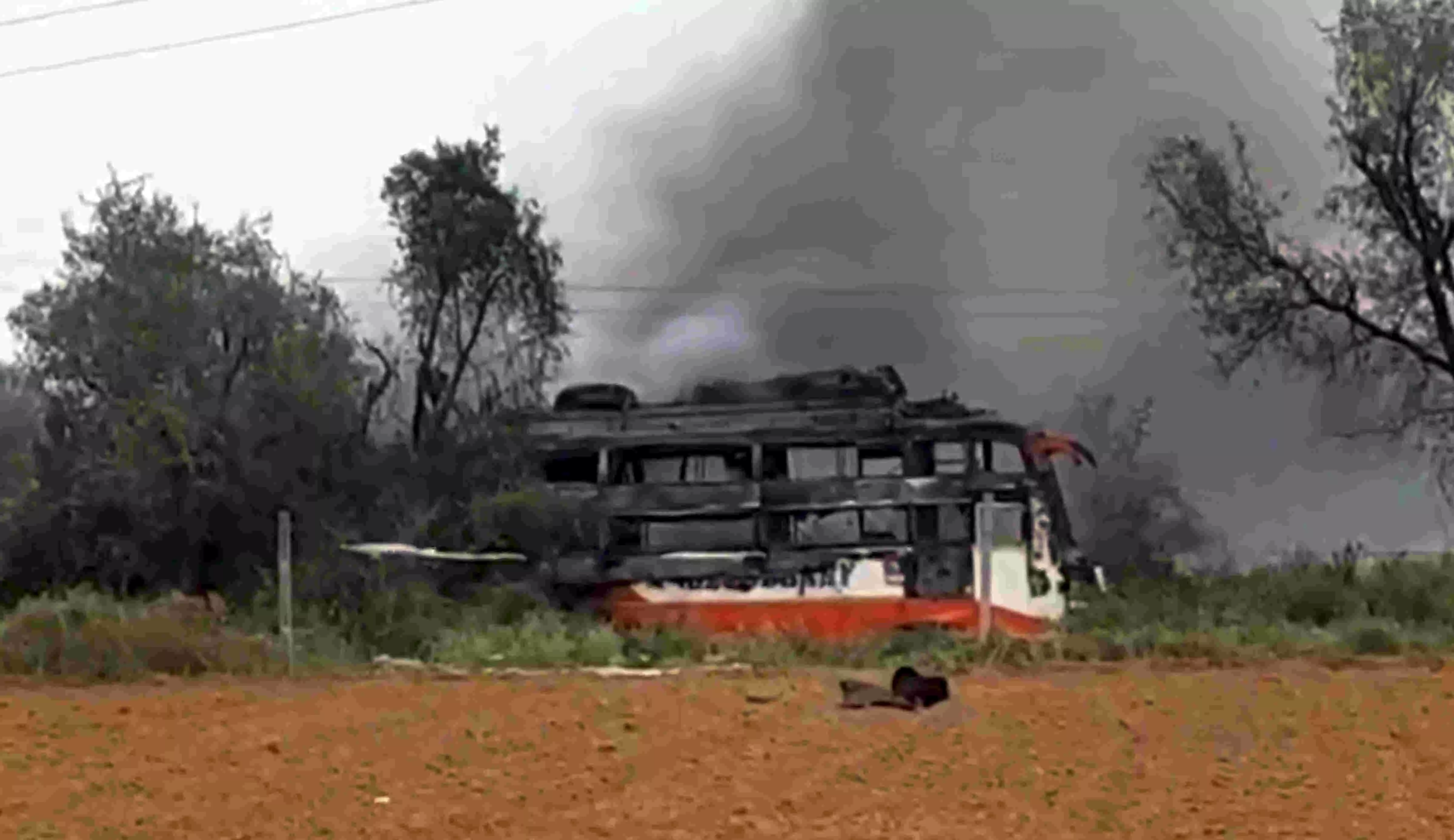 Two killed as bus catches fire after coming in contact with power line in Rajasthan Two killed as bus catches fire after coming in contact with power line in Rajasthan