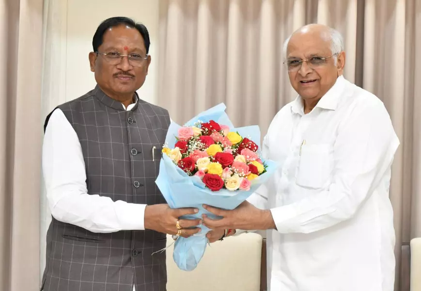 Chief Minister Vishnu Deo Sai Pays Courtesy Visit to Gujarat Chief Minister Bhupendra Patel in Gandhinagar