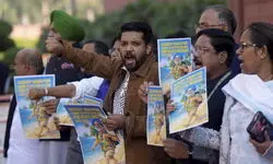 Cong MPs protest against Hardeep Puri, seek his resignation Cong MPs protest against Hardeep Puri, seek his resignation